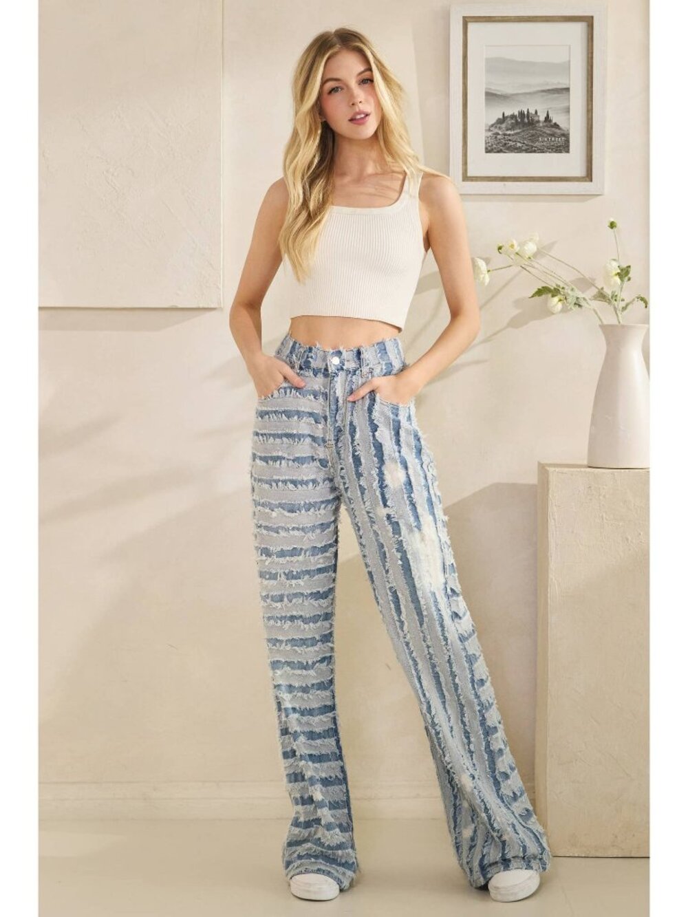 Oli & Hali NWT Light Blue Striped Frayed Spot Faded Wide-Leg Jeans